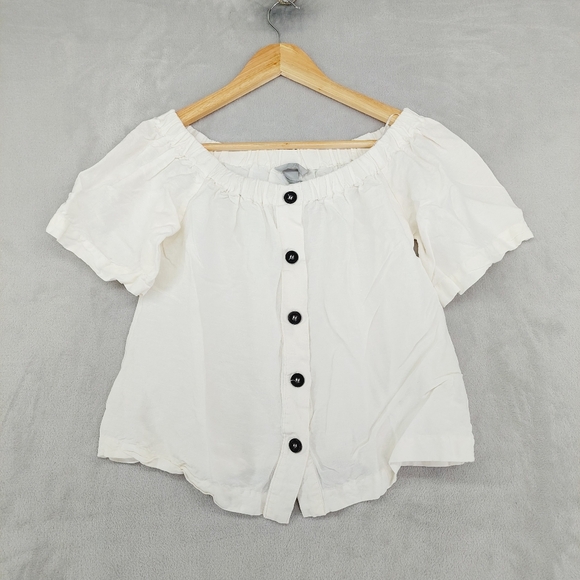 H&M Tops - H&M White Linen-Blend Off-Shoulder Blouse Front Buttons Short Puff Sleeves P5763